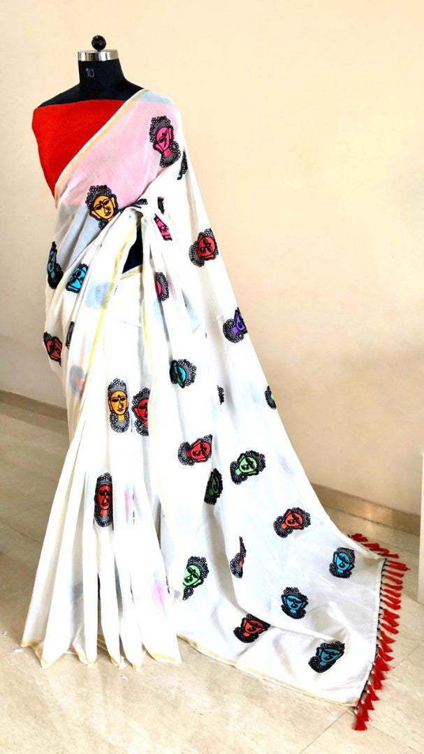 white chanderi cotton embroidered saree
