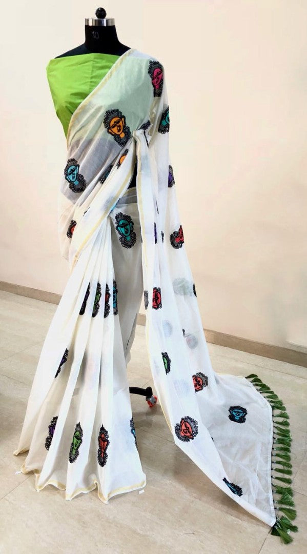 white chanderi cotton embroidered saree