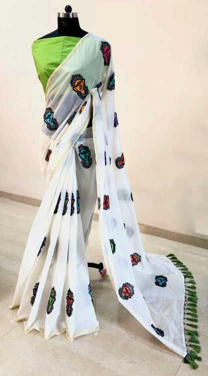white chanderi cotton embroidered saree