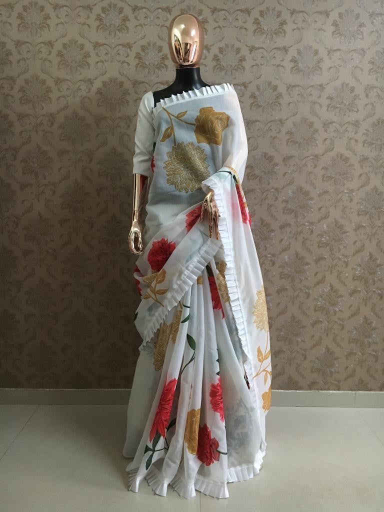 White chanderi cotton flower printed saree