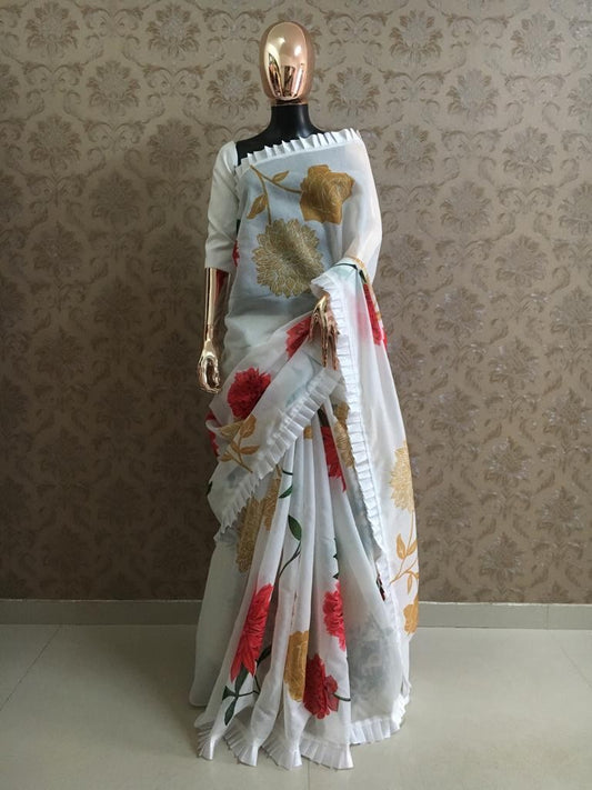 White chanderi cotton flower printed saree
