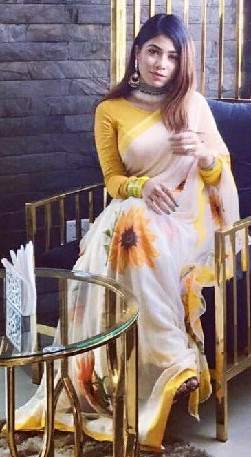 White chanderi cotton flower printed saree