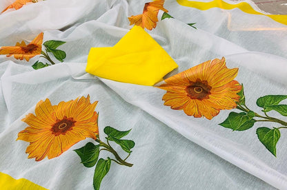 White chanderi cotton flower printed saree