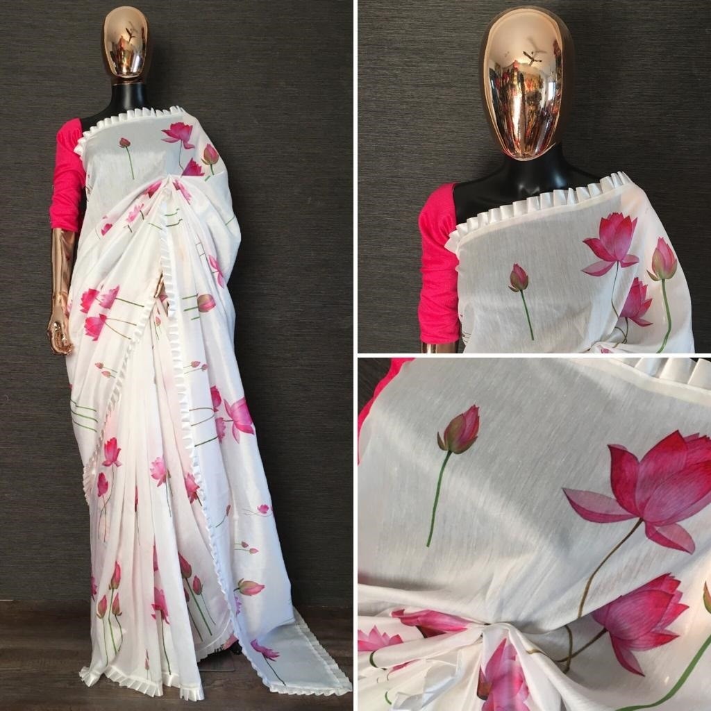 White chanderi cotton frill border lotus flower printed saree