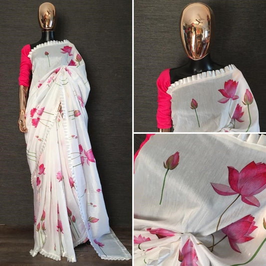 White chanderi cotton frill border lotus flower printed saree