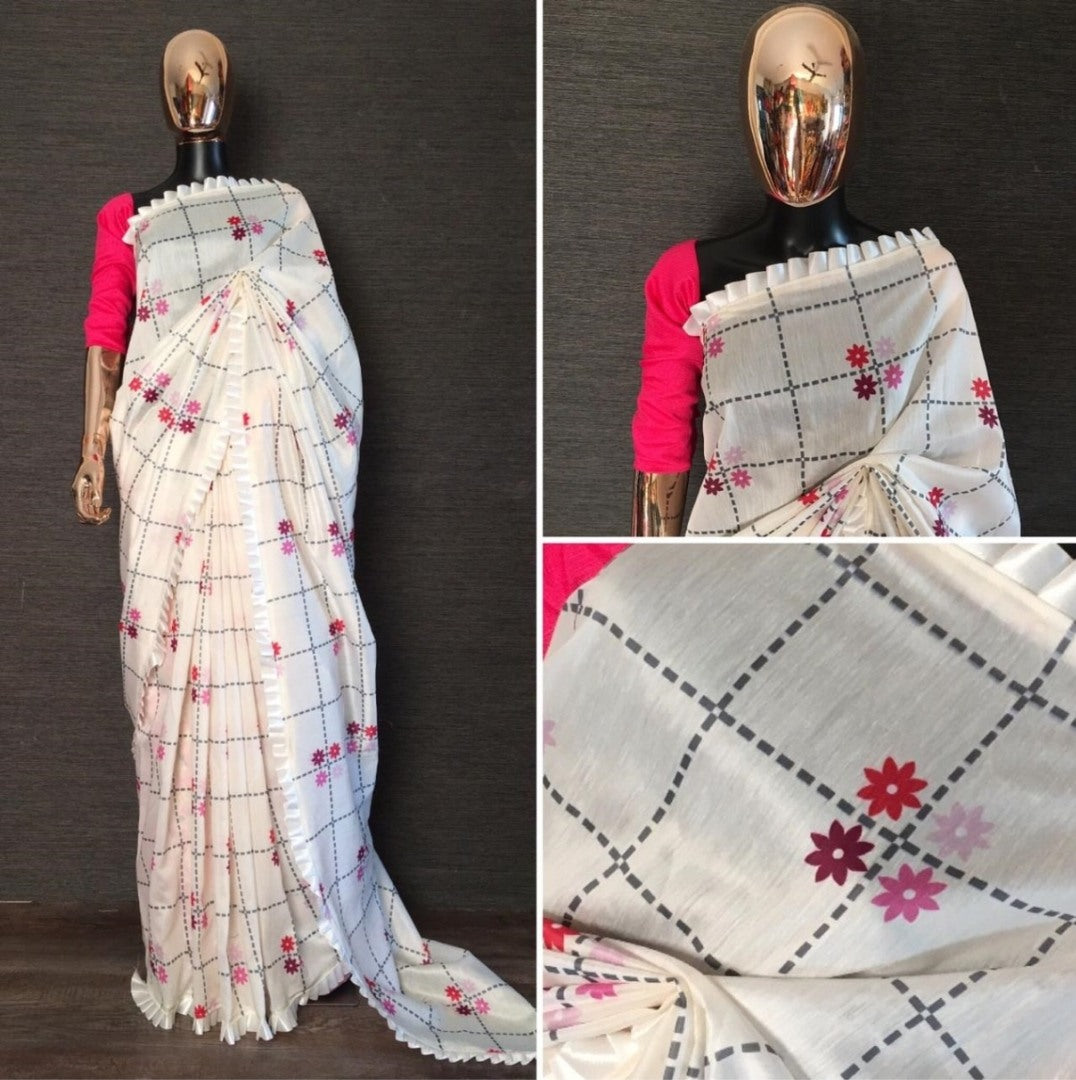 White chanderi cotton frill border printed saree