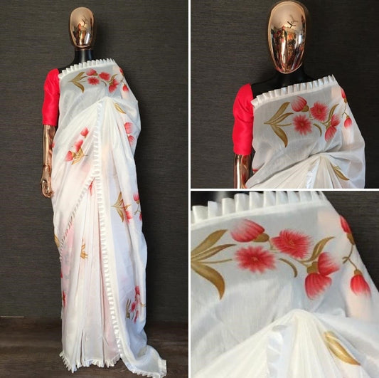 White chanderi cotton frill border red flower printed saree