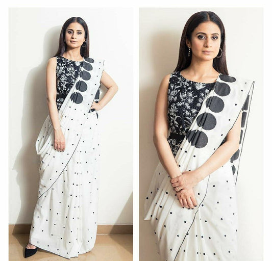white chanderi cotton printed bollywood saree