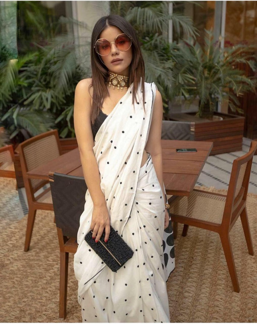 white chanderi cotton printed bollywood saree