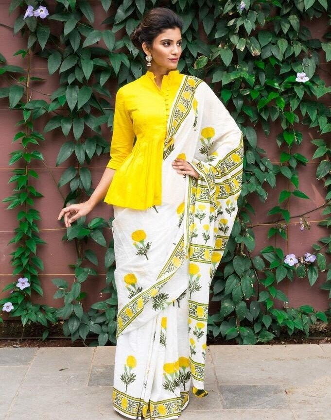 White chanderi digital printed stylist saree