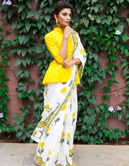 White chanderi digital printed stylist saree