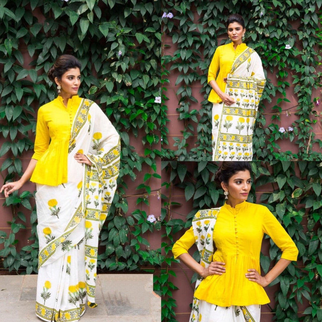 White chanderi digital printed stylist saree