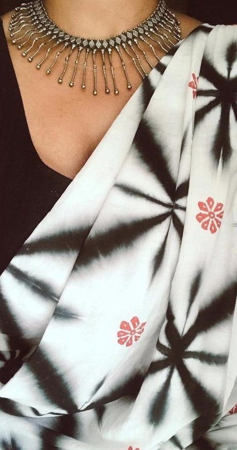 White chanderi linen digital printed cotton tussles work saree