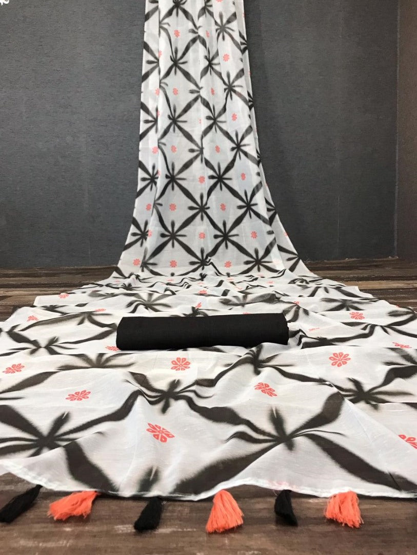 White chanderi linen digital printed cotton tussles work saree