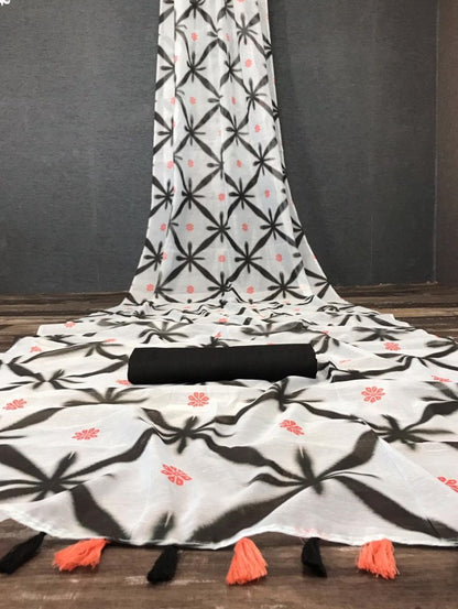 White chanderi linen digital printed cotton tussles work saree