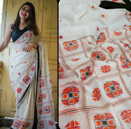 White chanderi linen digital printed work saree
