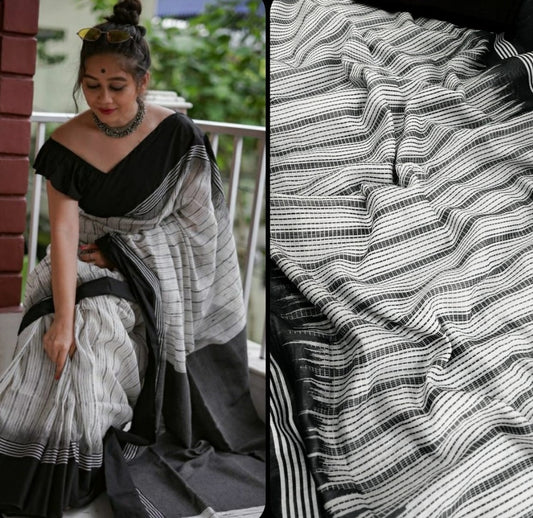 White chanderi linen digital printed work saree