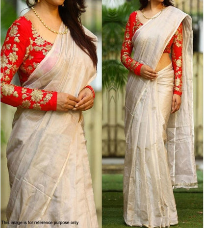 White chanderi silk festival saree with embroidered blouse