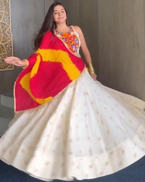 White chanderi silk printed festive lehenga choli