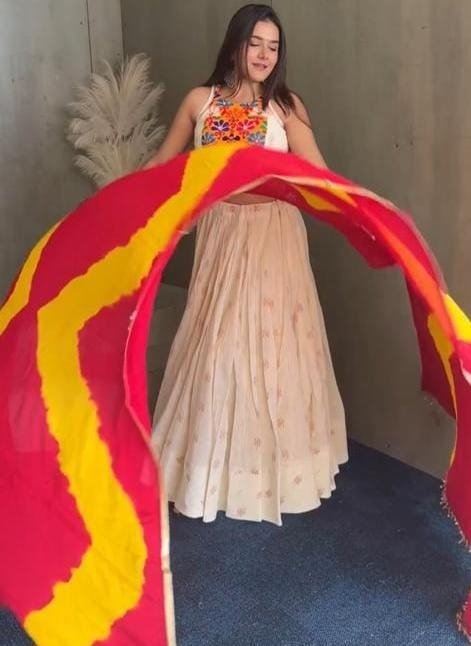 White chanderi silk printed festive lehenga choli