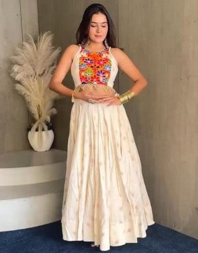 White chanderi silk printed festive lehenga choli