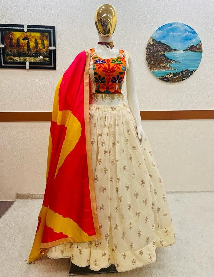 White chanderi silk printed festive lehenga choli