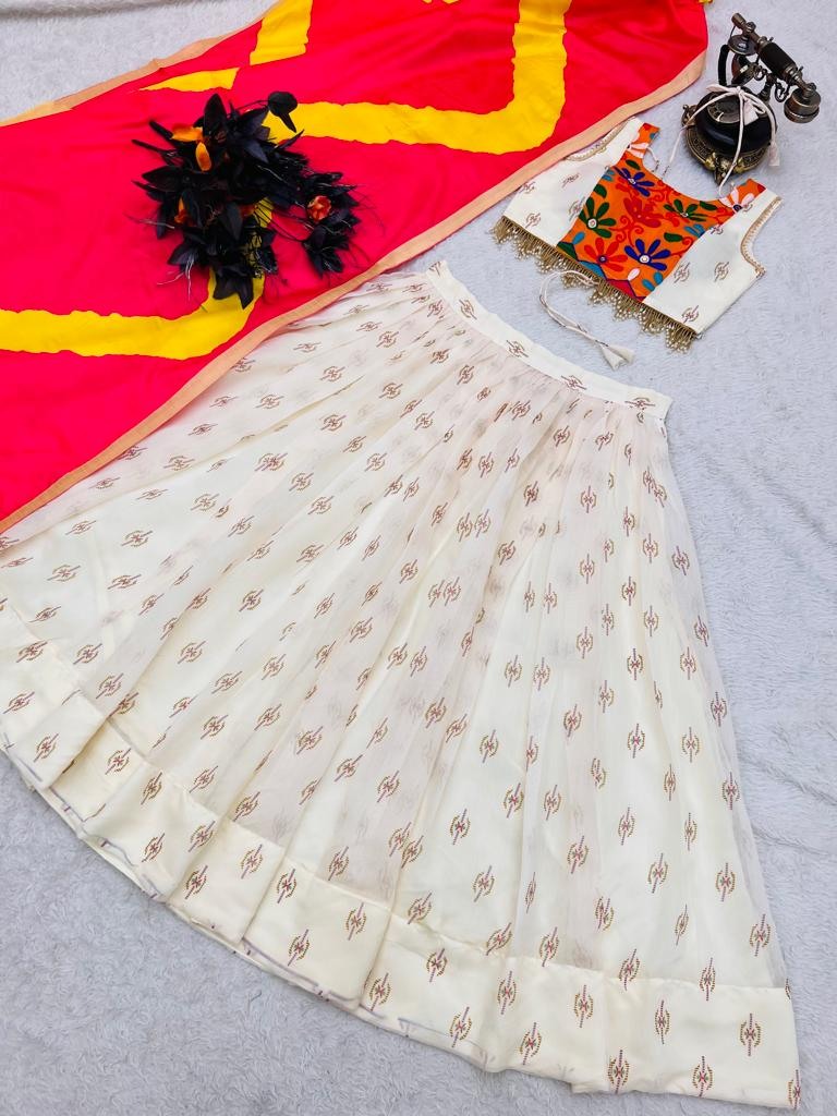 White chanderi silk printed festive lehenga choli