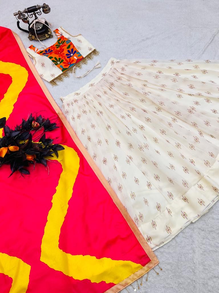 White chanderi silk printed festive lehenga choli
