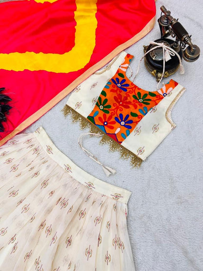 White chanderi silk printed festive lehenga choli