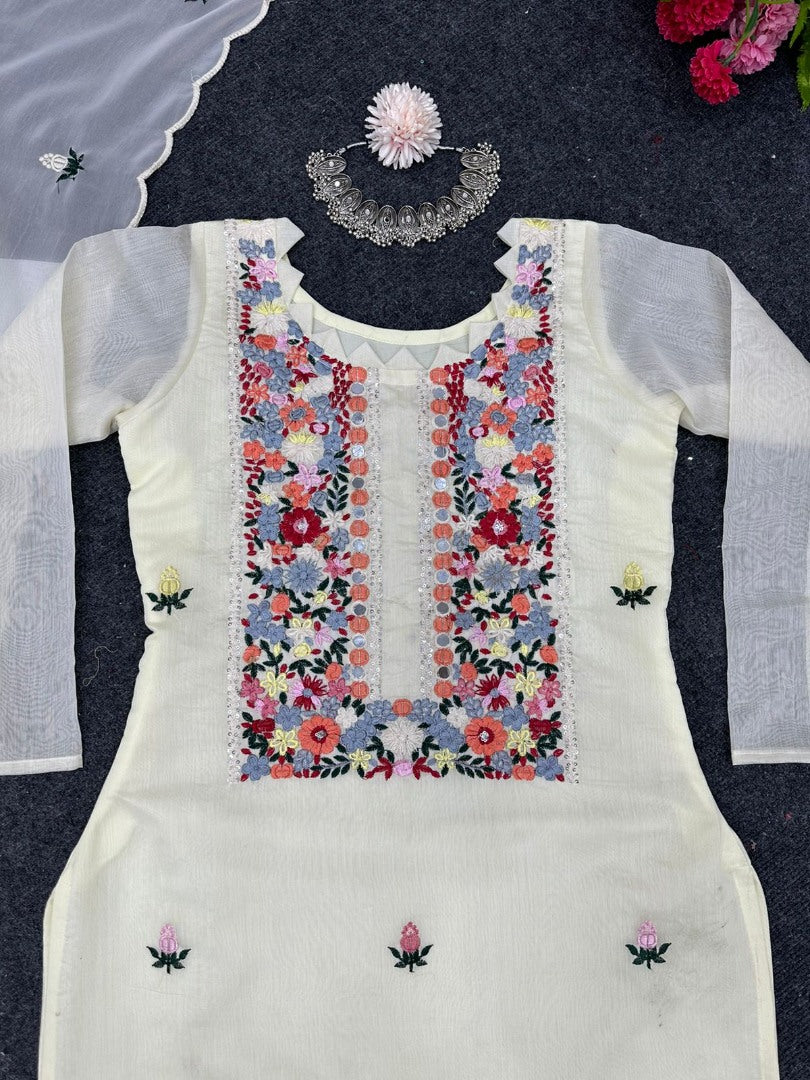 White chanderi thread sequence mirror work pant suit