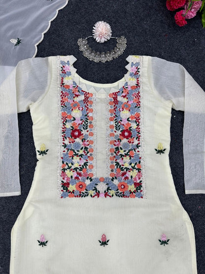 White chanderi thread sequence mirror work pant suit