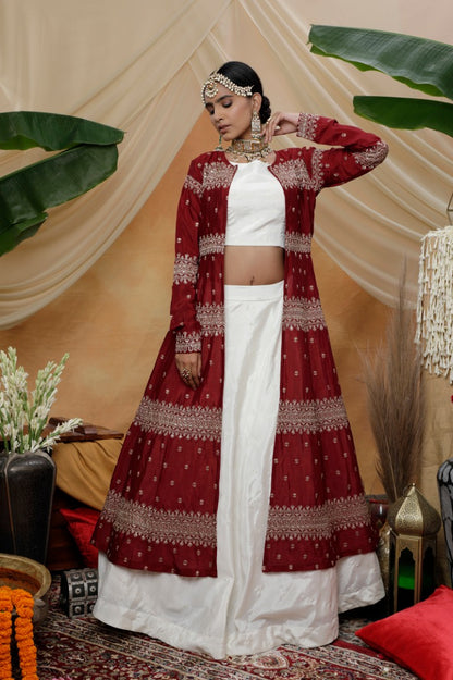 White chinon heavy sequence wedding lehenga choli with koti