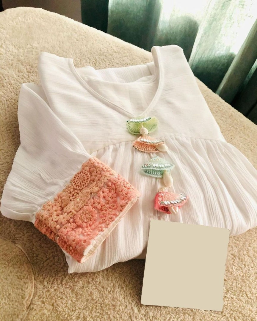 White chinon silk fancy thread work long kurti