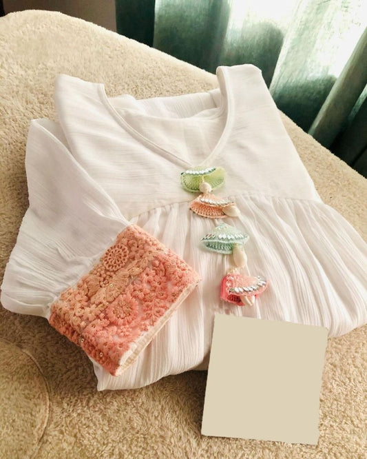 White chinon silk fancy thread work long kurti