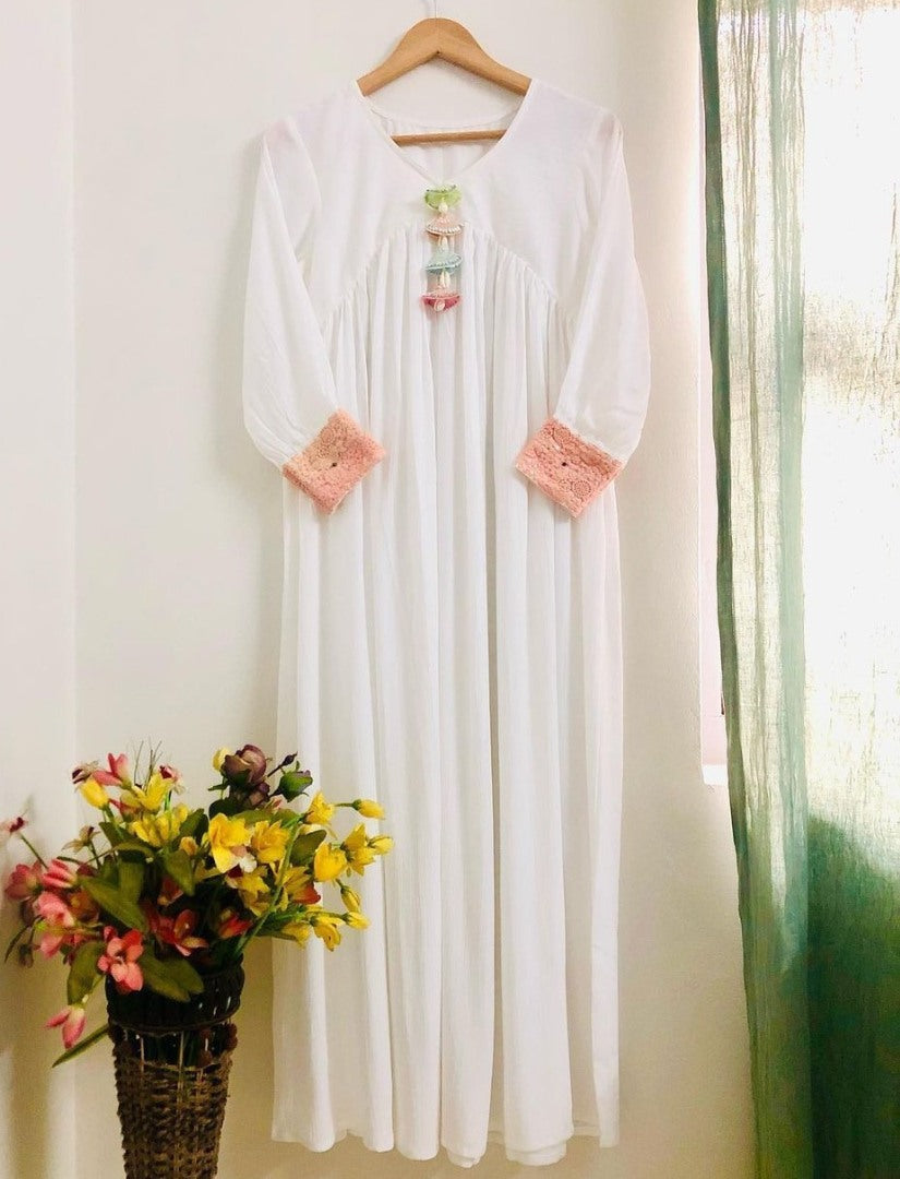 White chinon silk fancy thread work long kurti