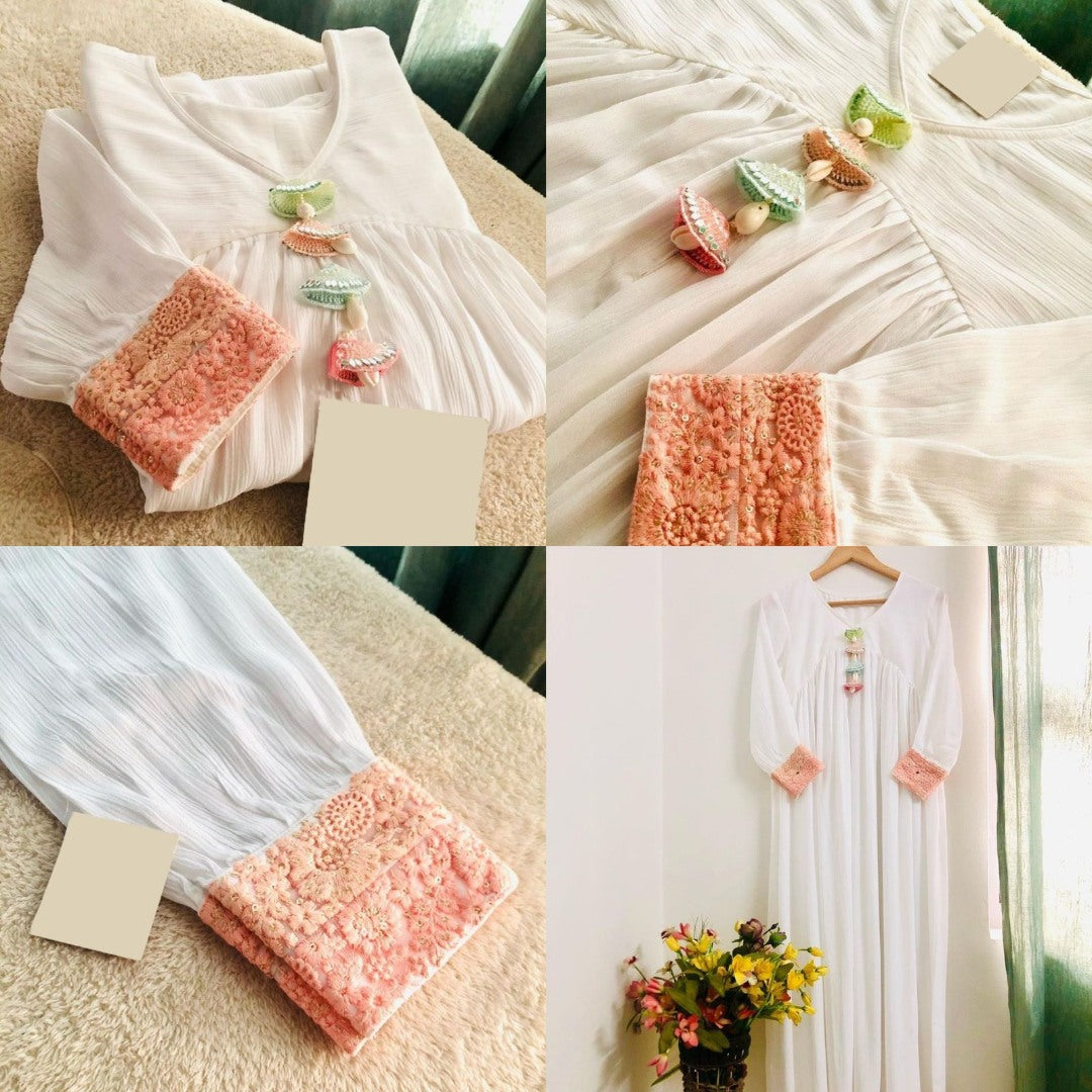 White chinon silk fancy thread work long kurti