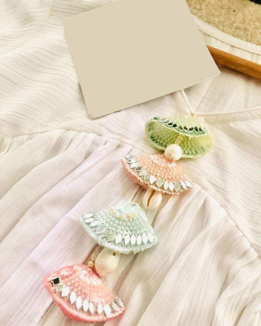 White chinon silk fancy thread work long kurti