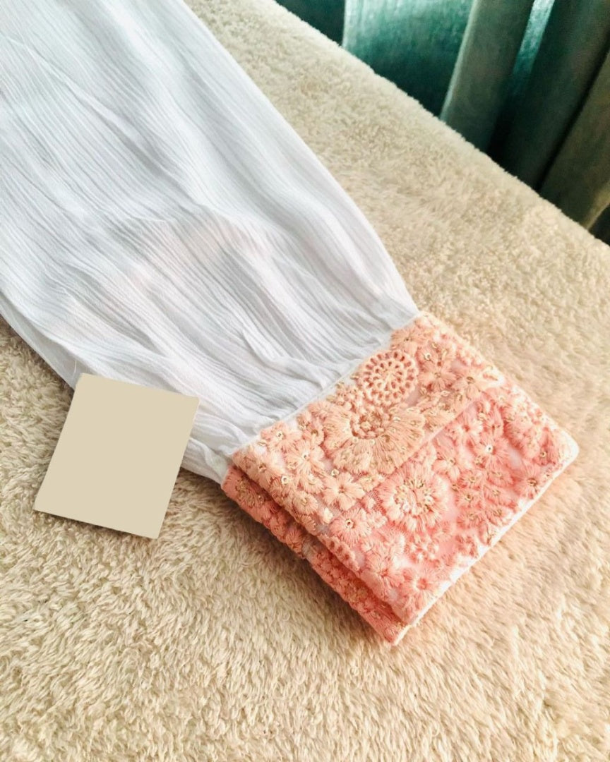 White chinon silk fancy thread work long kurti