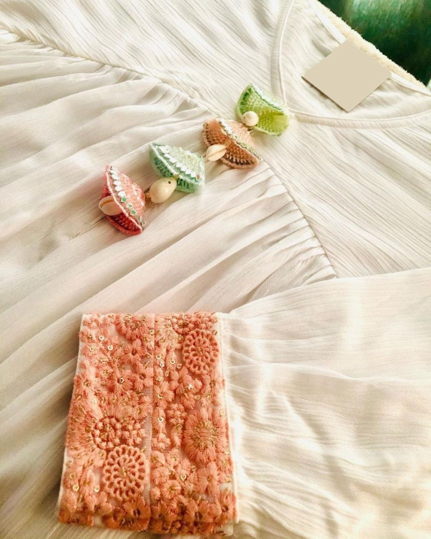 White chinon silk fancy thread work long kurti