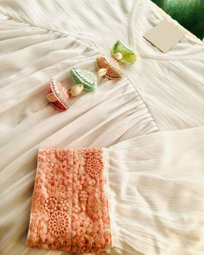 White chinon silk fancy thread work long kurti