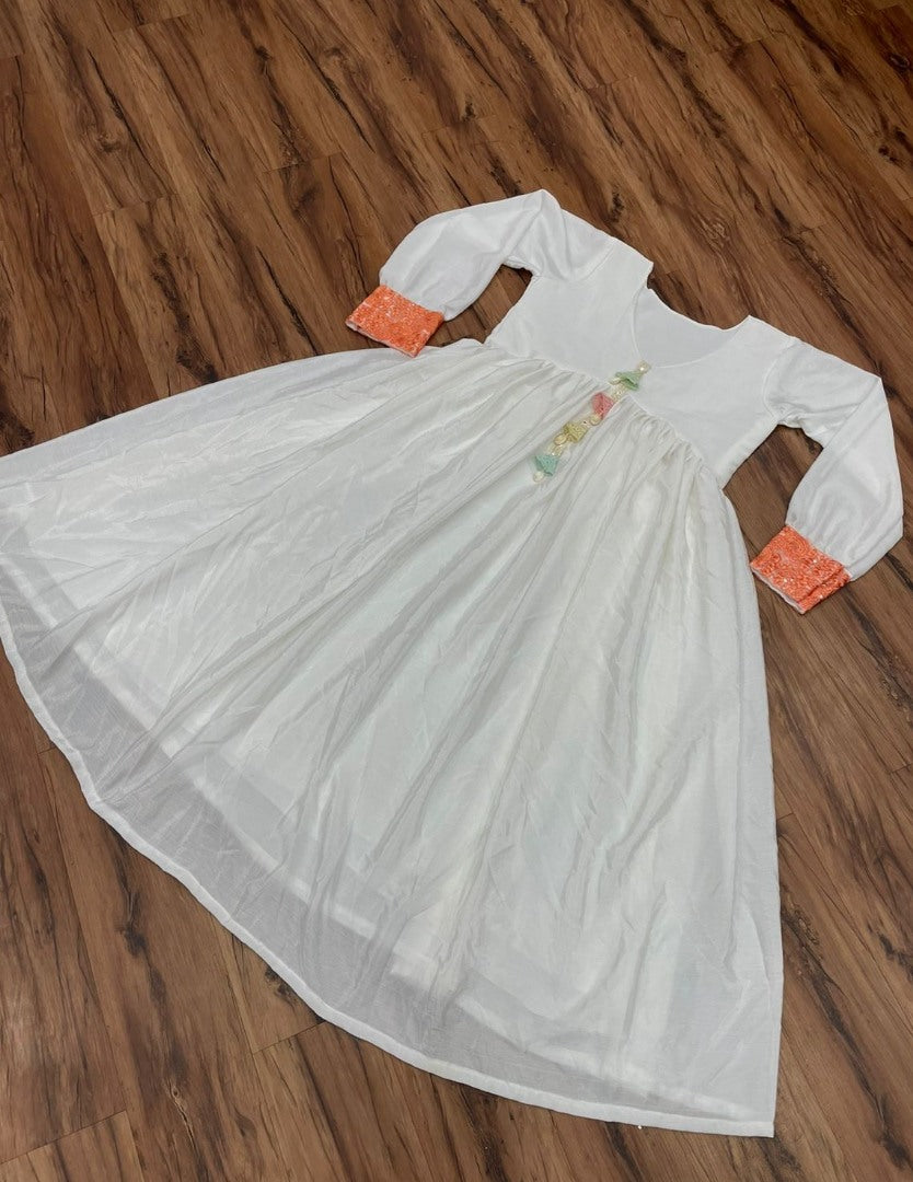 White chinon silk fancy thread work long kurti