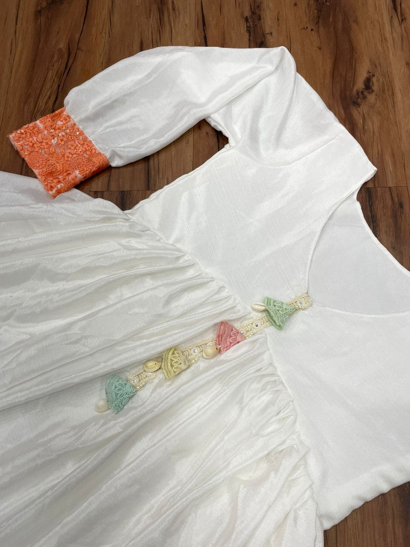 White chinon silk fancy thread work long kurti