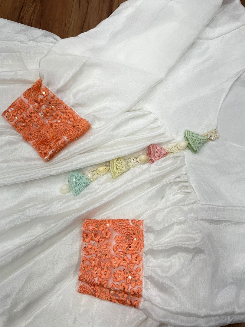 White chinon silk fancy thread work long kurti