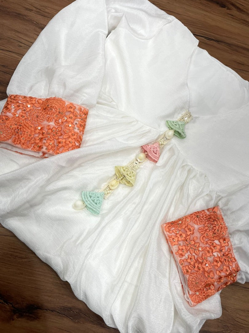 White chinon silk fancy thread work long kurti