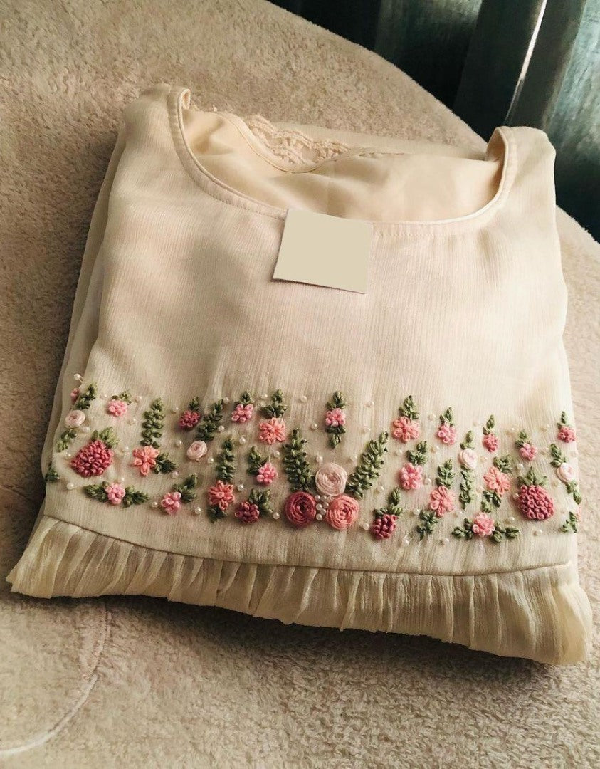 White chinon silk moti and handwork long kurti