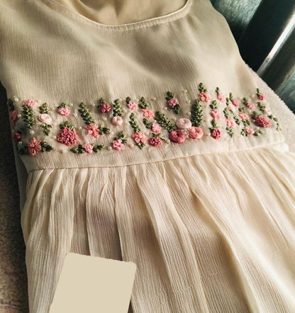 White chinon silk moti and handwork long kurti