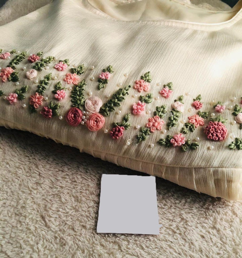 White chinon silk moti and handwork long kurti