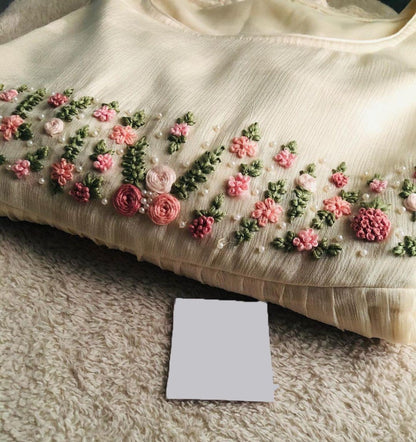 White chinon silk moti and handwork long kurti