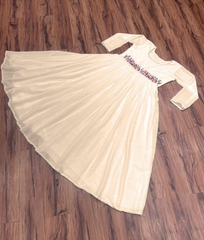 White chinon silk moti and handwork long kurti