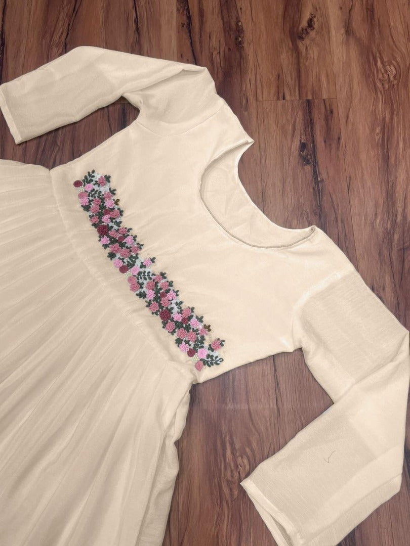 White chinon silk moti and handwork long kurti